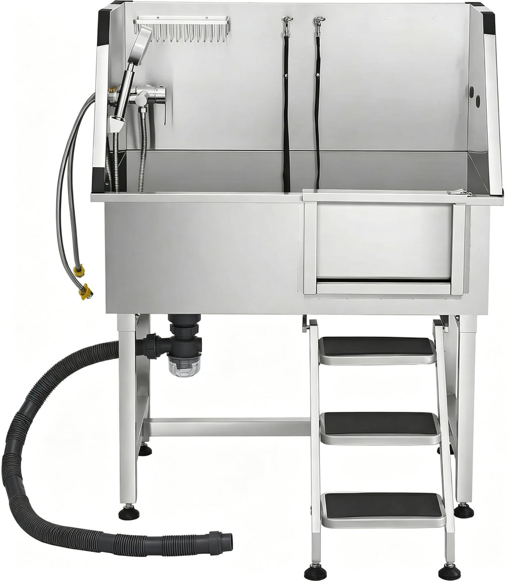 38” Stainless Steel Dog Washing Station with Faucet and Non-Slip Steps S97649