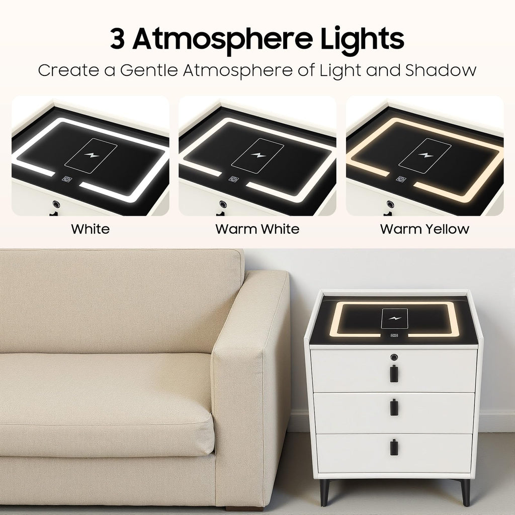 Beige White 3 Drawer Nightstand with Wireless Charging U727449