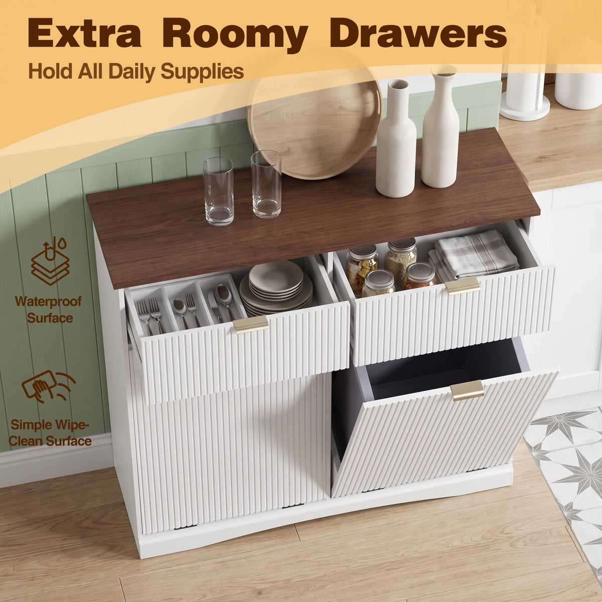 White and Dark Walnut Tilt Out Trash Cabinet Z710