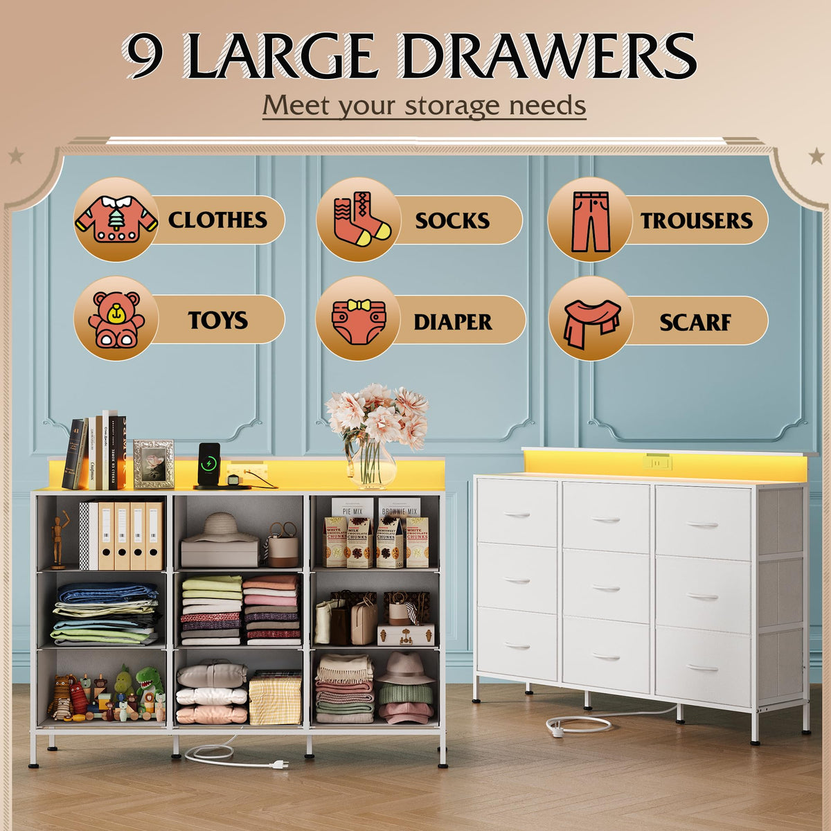White 2-Piece TV Stand Dresser with 8+9 Fabric Drawers X9643