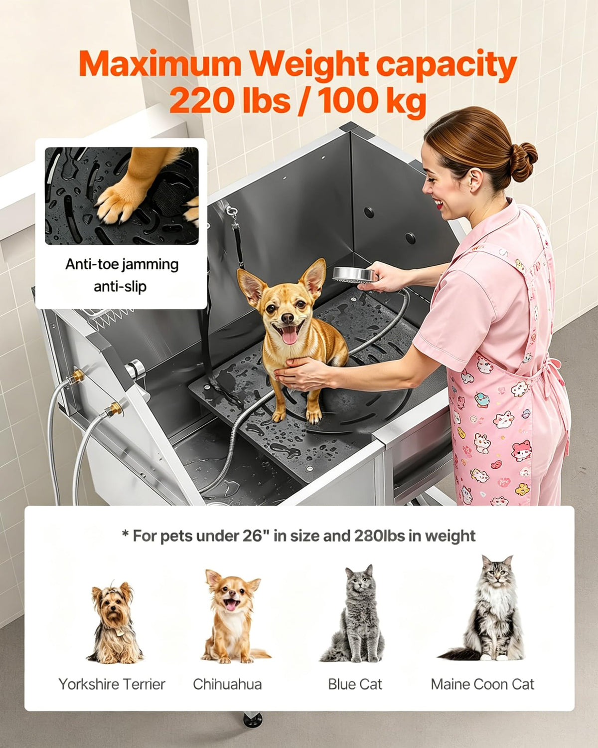 38” Stainless Steel Dog Washing Station with Faucet and Non-Slip Steps S97649