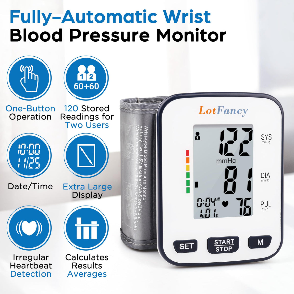 Automatic Wrist Blood Pressure Monitor with Adjustable Cuff and 120 Memory Z9959