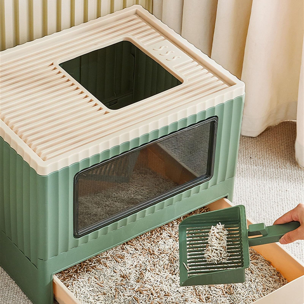 Top Entry Cat Litter Box with Lid Foldable Drawer Type Green S3130