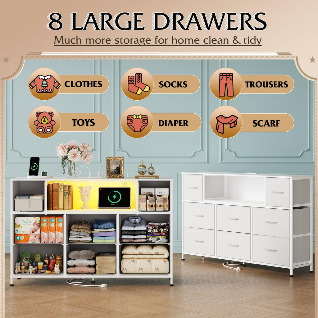 White 2-Piece TV Stand Dresser with 8+9 Fabric Drawers X9643