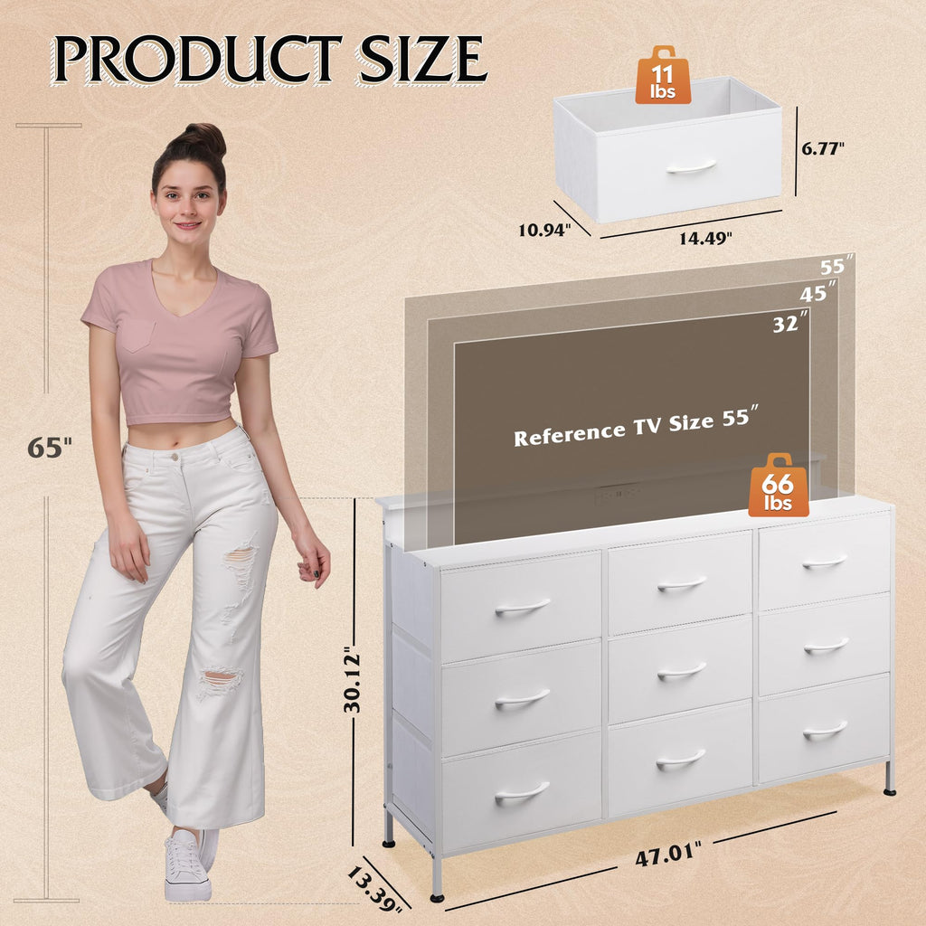 White 2-Piece TV Stand Dresser with 8+9 Fabric Drawers X9643