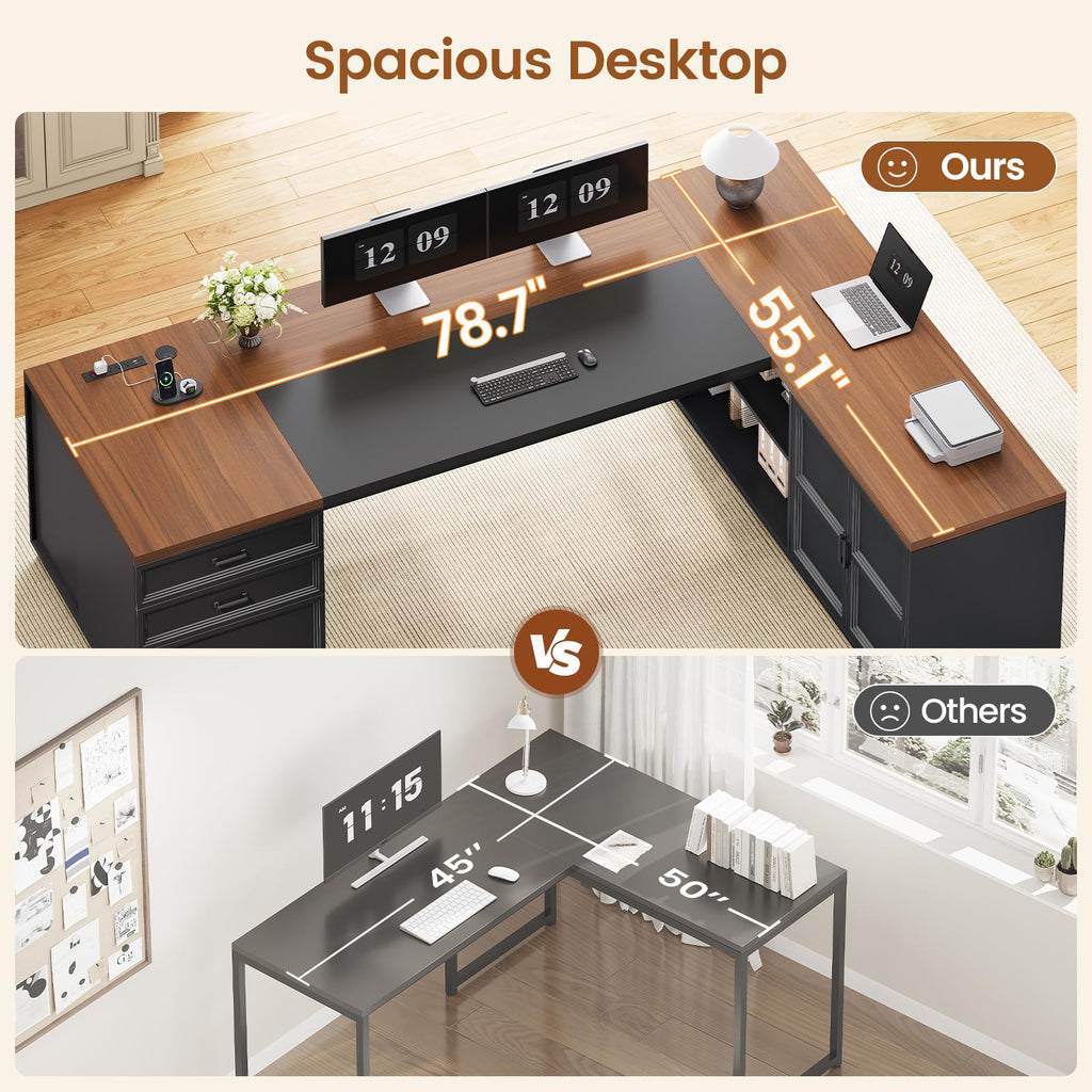 78.7" L Shaped Executive Desk with Charging Station, File Drawers & Storage Cabinet, Black + Brown H1223