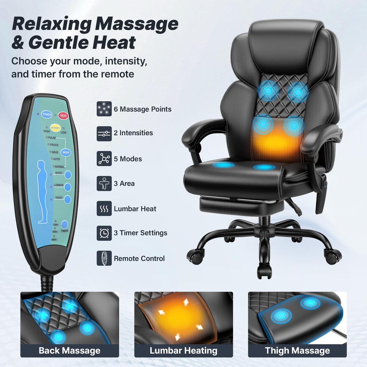 Massage Office Chair with Footrest, Heat and 160° Recline Y434