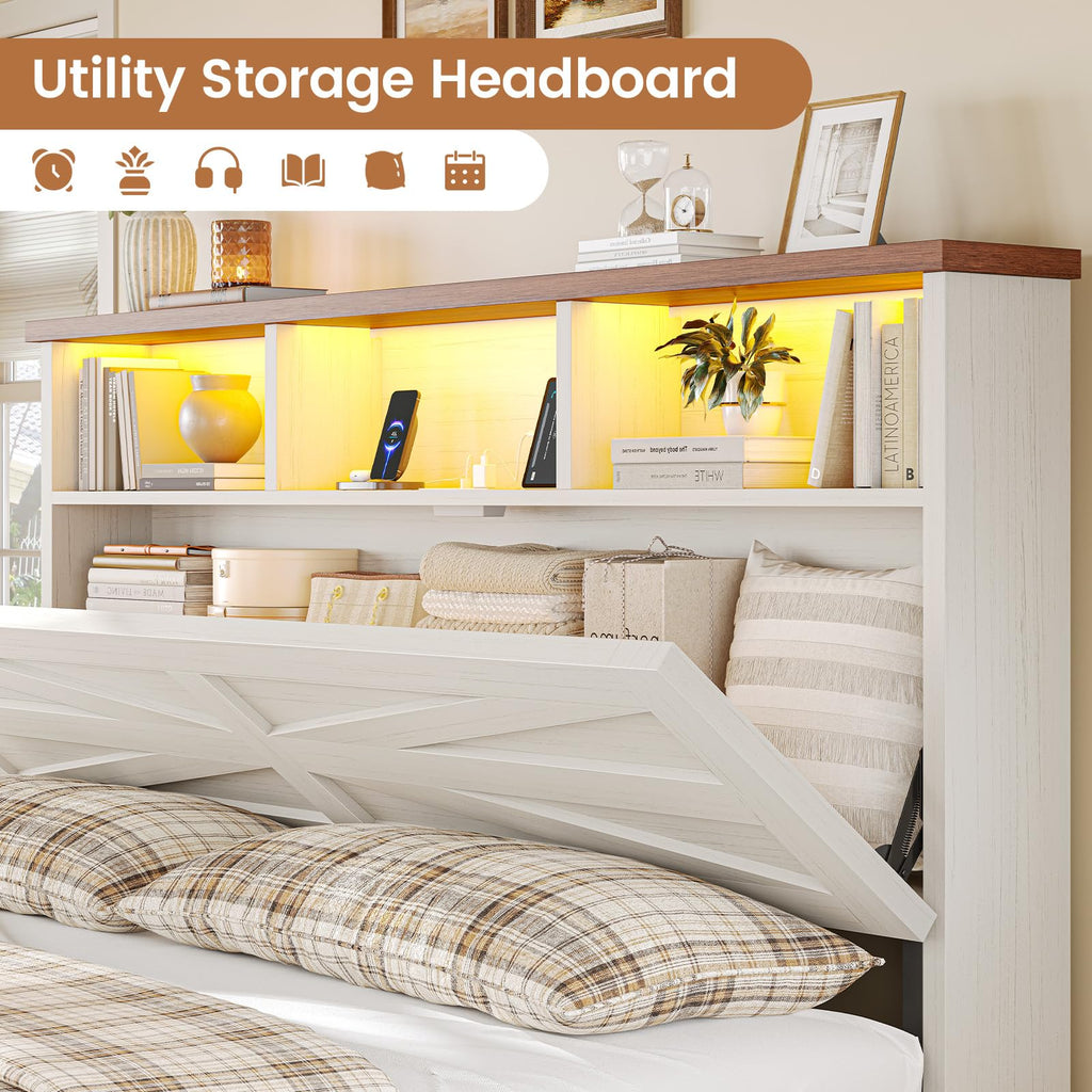 White Full Size Wood Bed Frame with 6 Drawers K615