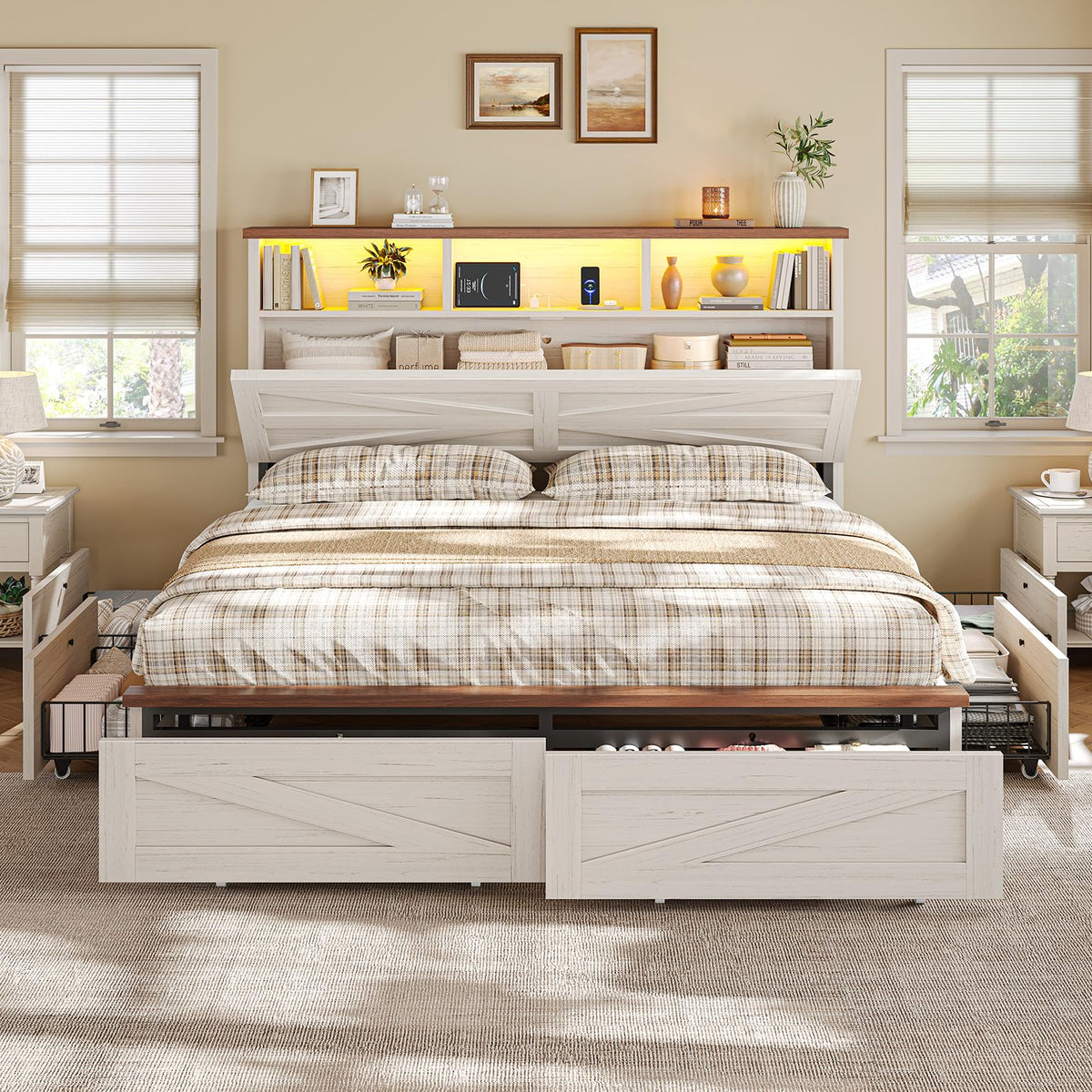 White Full Size Wood Bed Frame with 6 Drawers K615