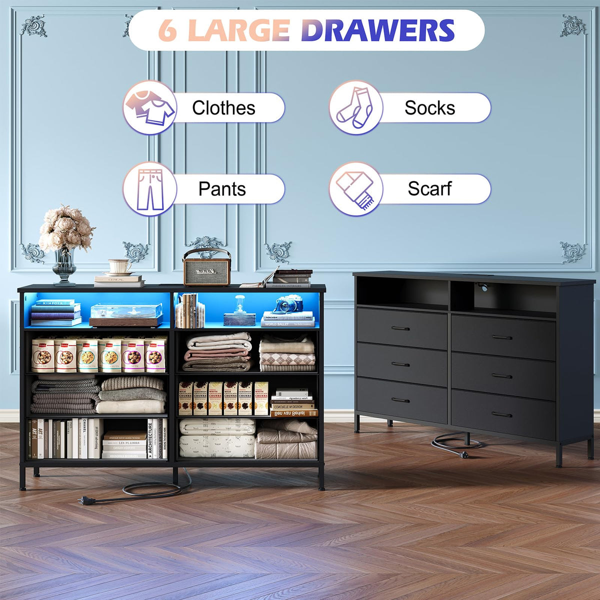 Black 6 Drawer Fabric Dresser S27965
