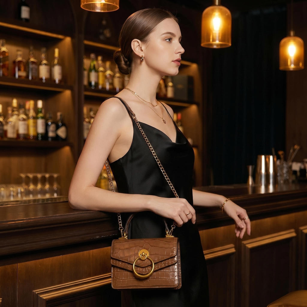 Croc Embossed Top Handle Leather Mini Crossbody Handbag T244
