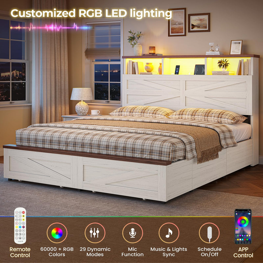 White Full Size Wood Bed Frame with 6 Drawers K615