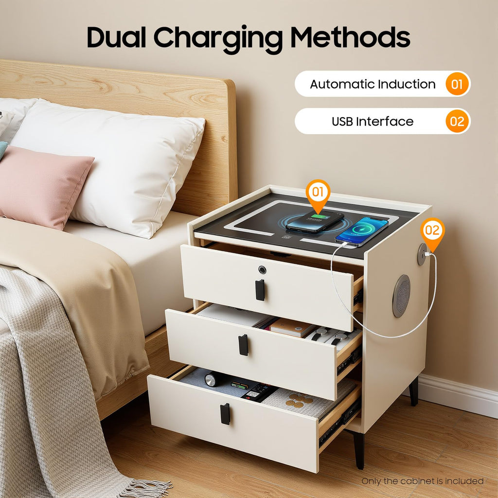 Beige White 3 Drawer Nightstand with Wireless Charging U727449