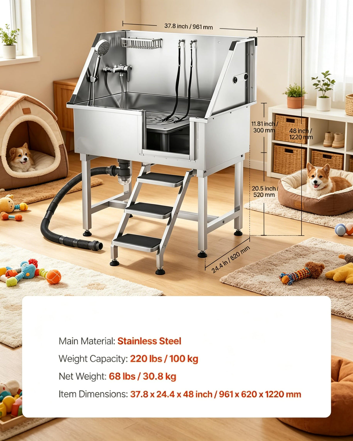 38” Stainless Steel Dog Washing Station with Faucet and Non-Slip Steps S97649