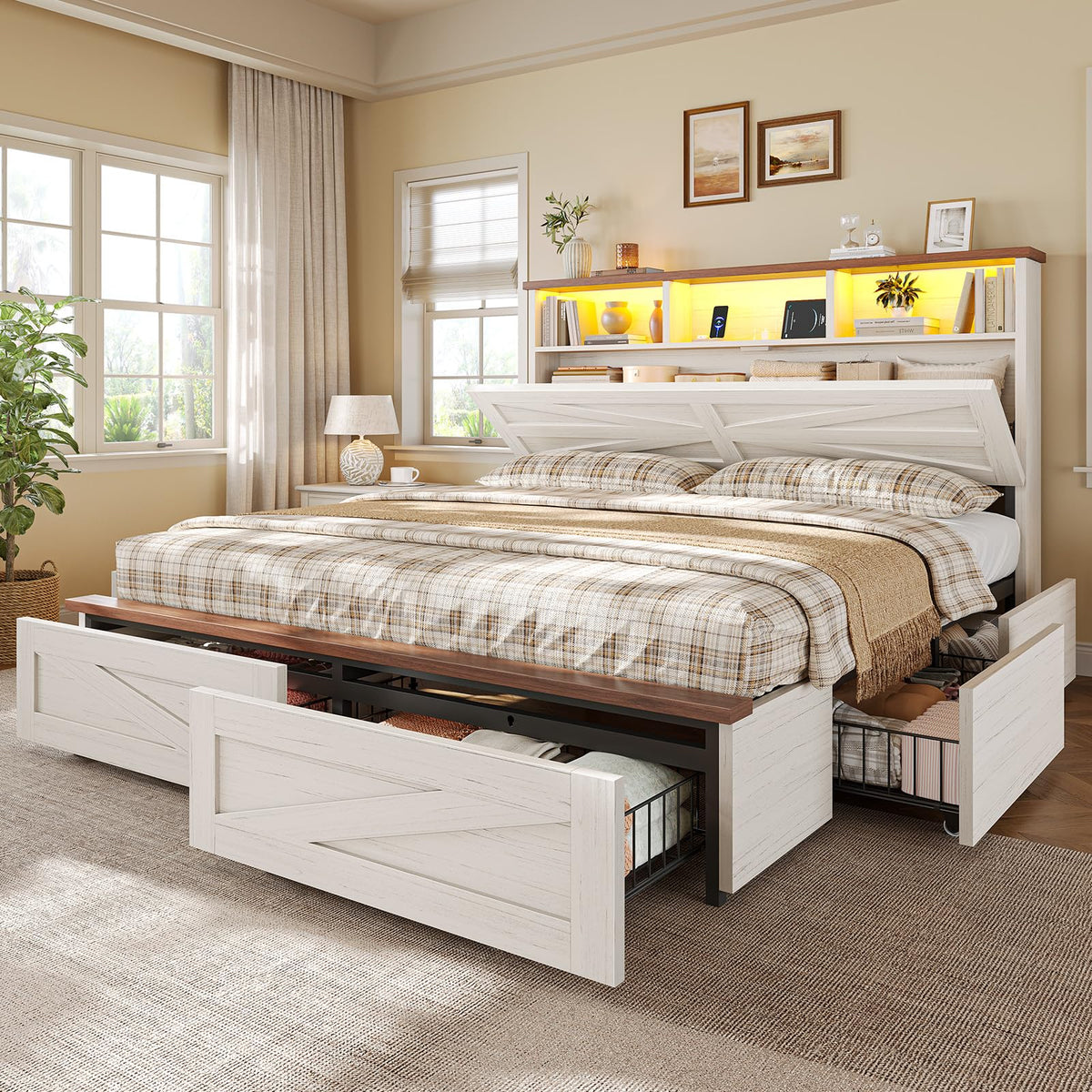 White Full Size Wood Bed Frame with 6 Drawers K615
