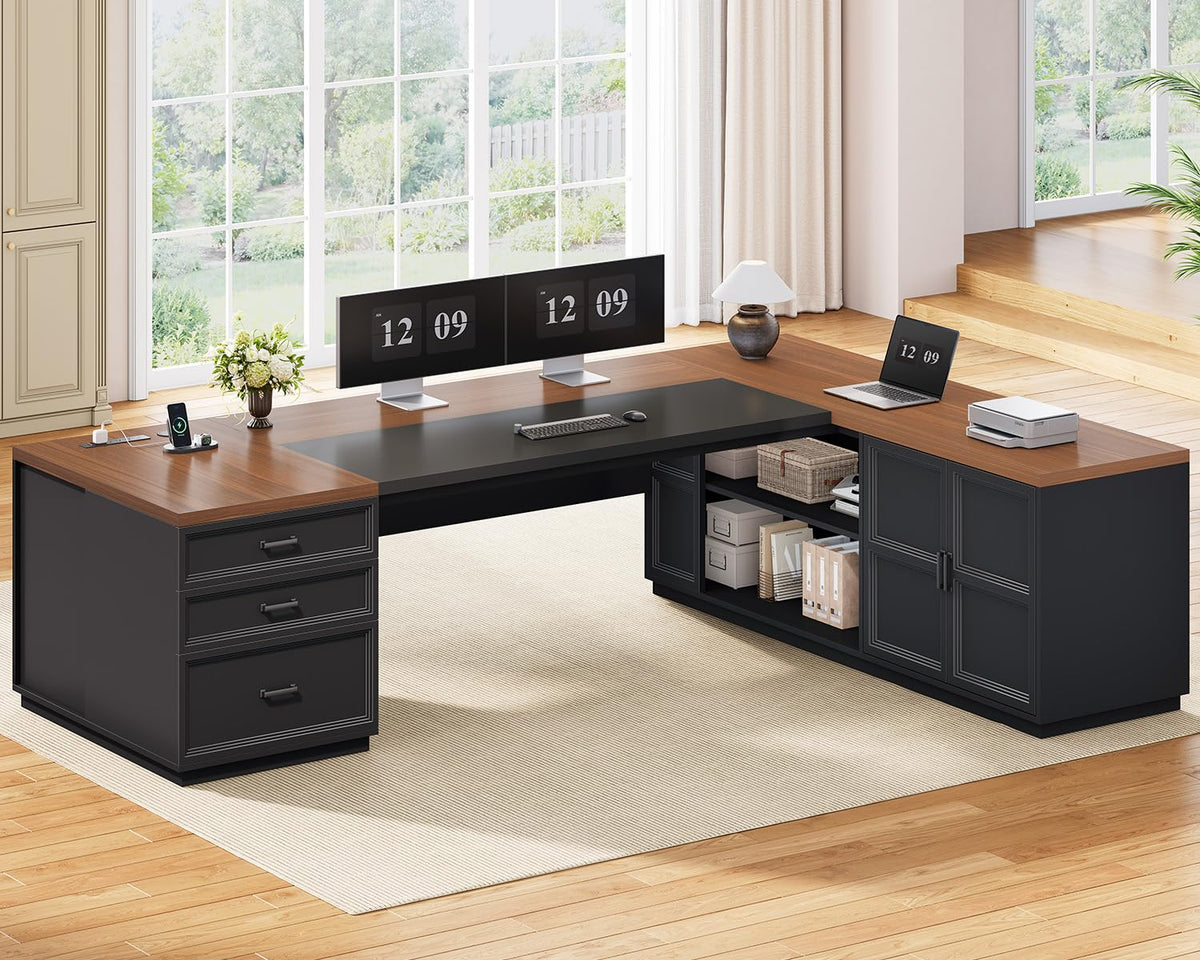 78.7" L Shaped Executive Desk with Charging Station, File Drawers & Storage Cabinet, Black + Brown H1223