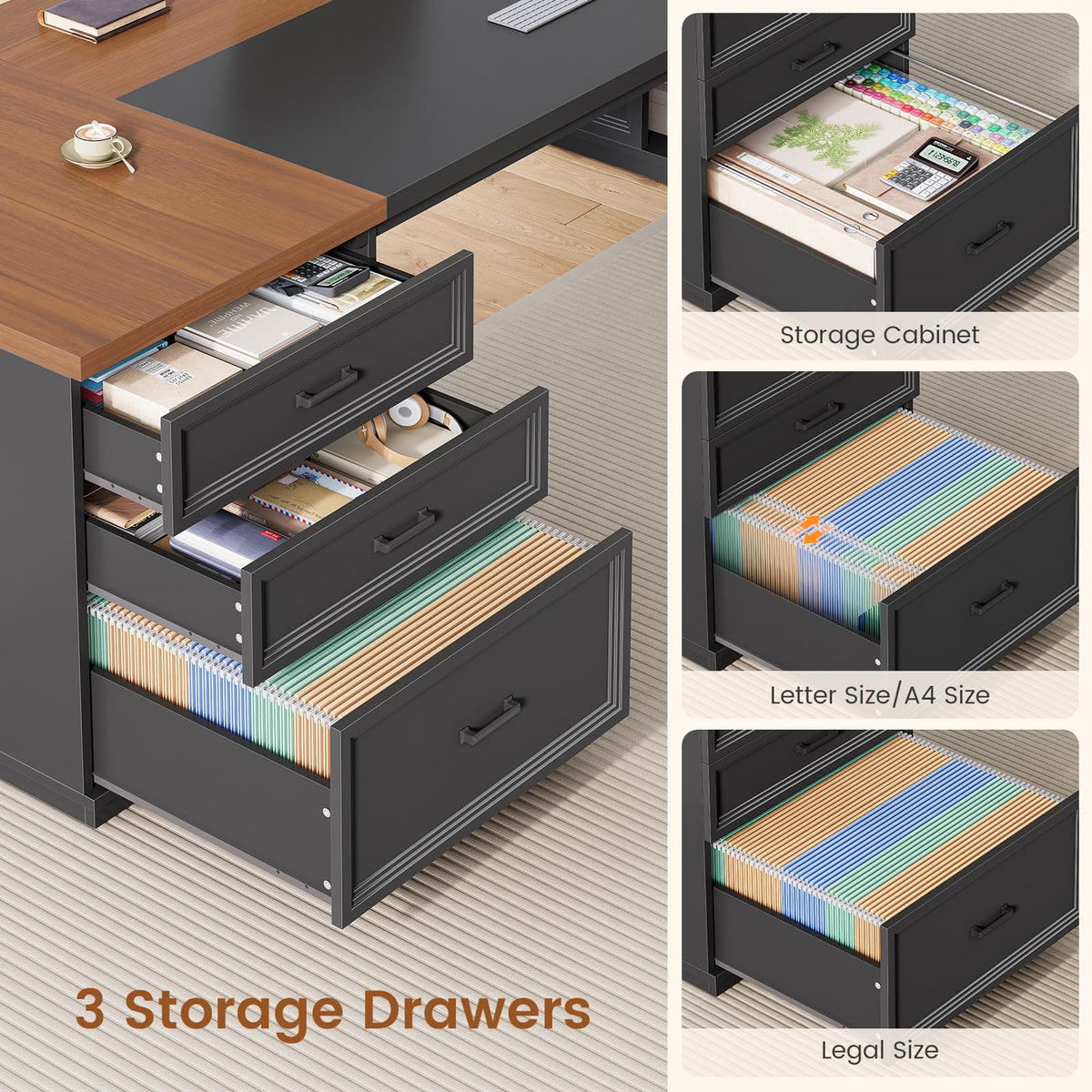 78.7" L Shaped Executive Desk with Charging Station, File Drawers & Storage Cabinet, Black + Brown H1223