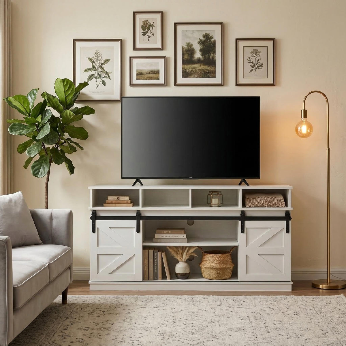 White 58 Inch Farmhouse TV Stand with Sliding Barn Doors O8534