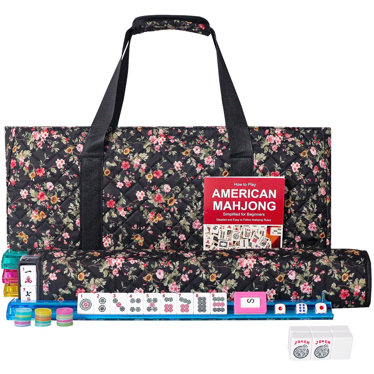 American Mahjong Game Set, 166 White Tiles, 4 Color Rack/Pushers, Black Carrying Bag K35545