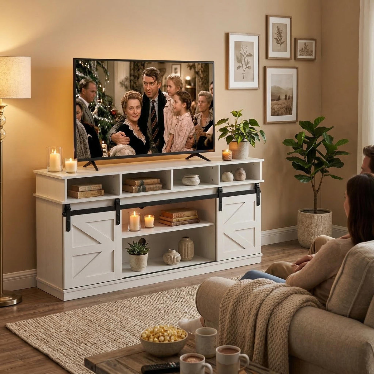 White 58 Inch Farmhouse TV Stand with Sliding Barn Doors O8534