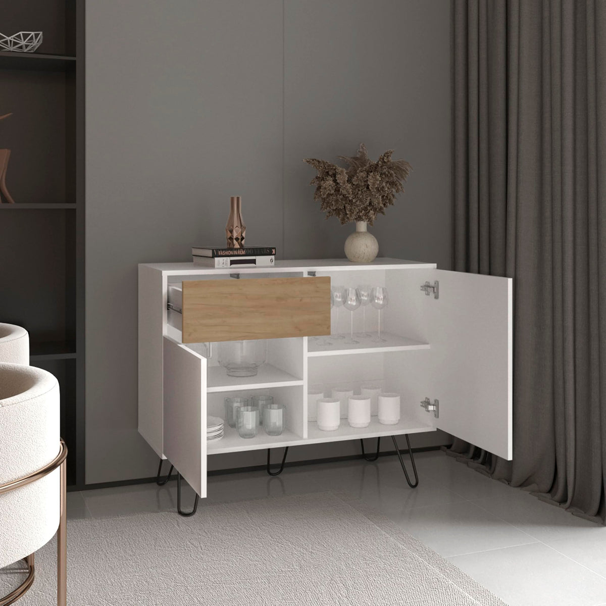 39" White Natural Oak Console Table with Storage I979424