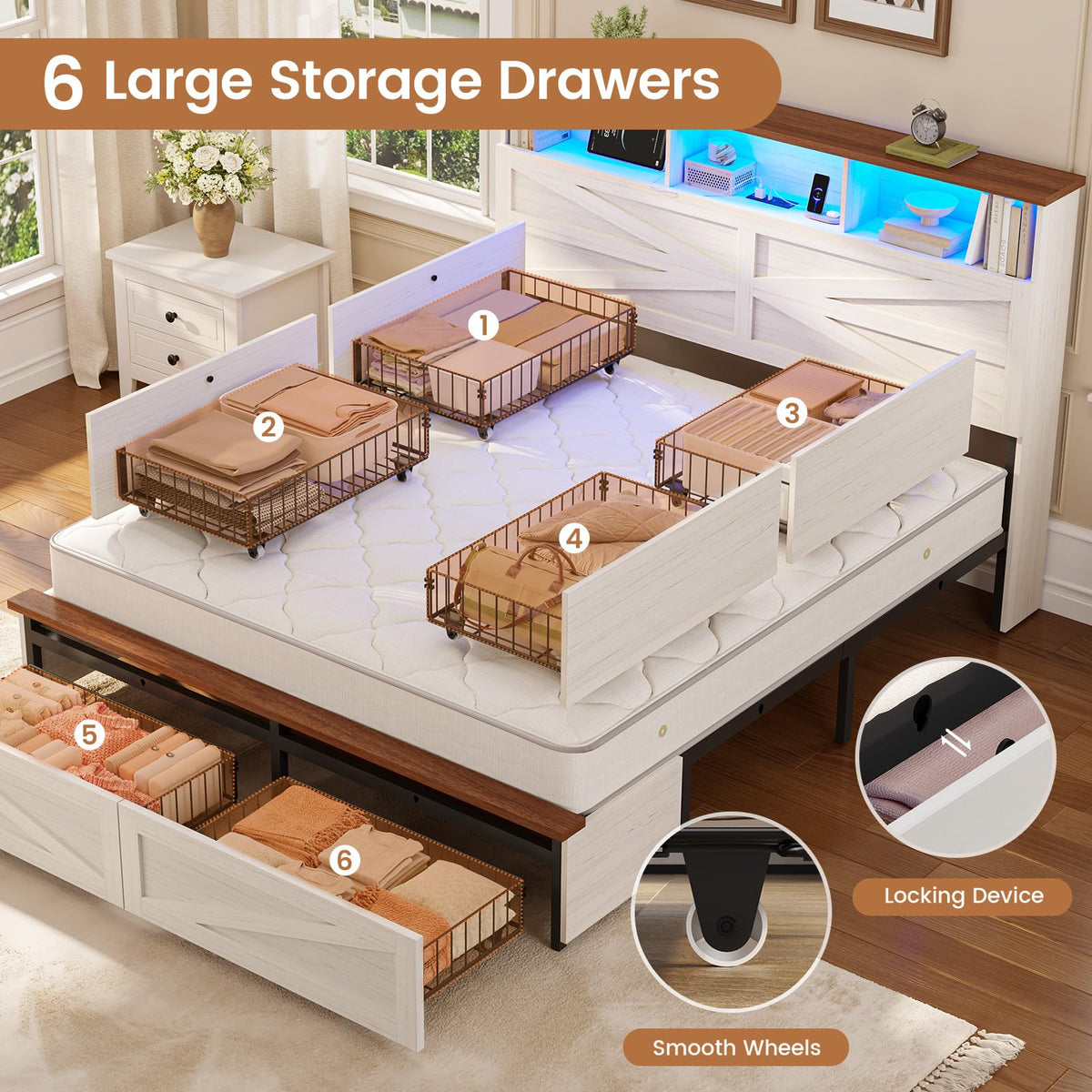 White Full Size Wood Bed Frame with 6 Drawers K615