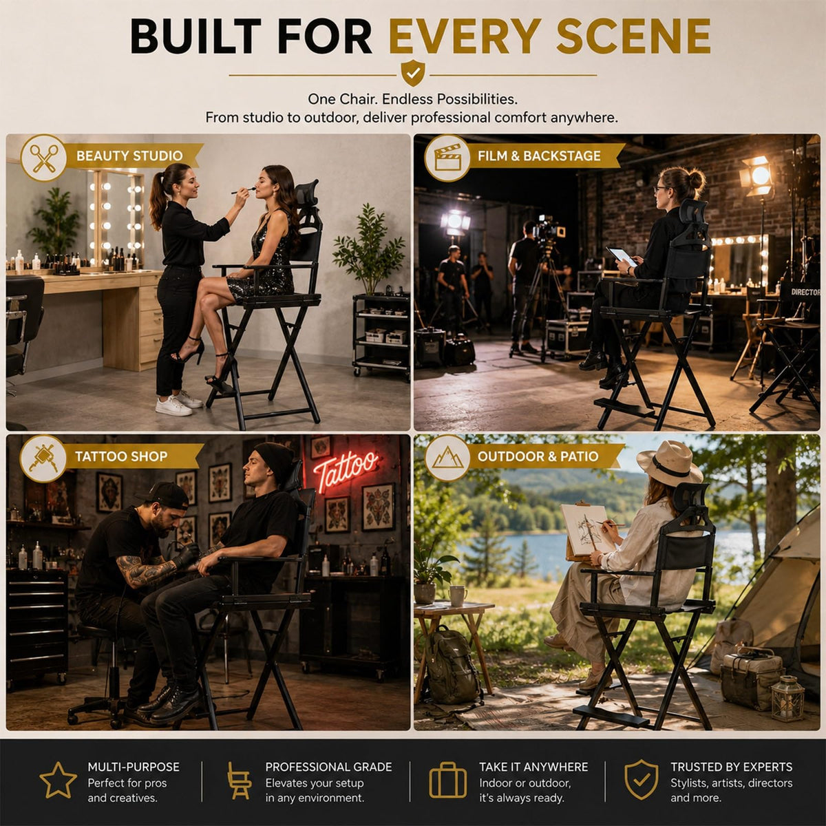 Gold Extra Tall Foldable Makeup Chair B790