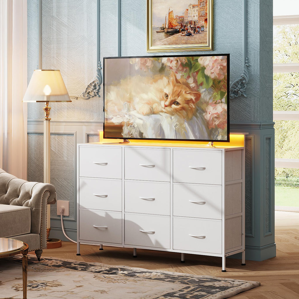 White 2-Piece TV Stand Dresser with 8+9 Fabric Drawers X9643