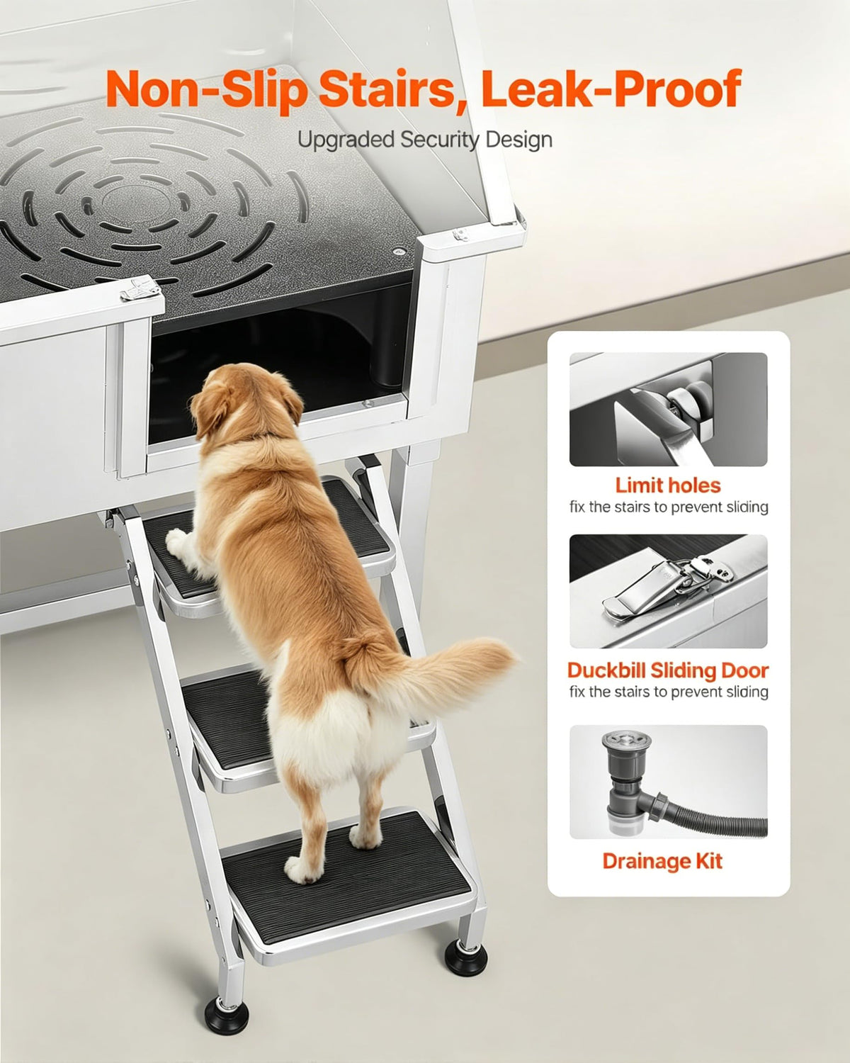 38” Stainless Steel Dog Washing Station with Faucet and Non-Slip Steps S97649