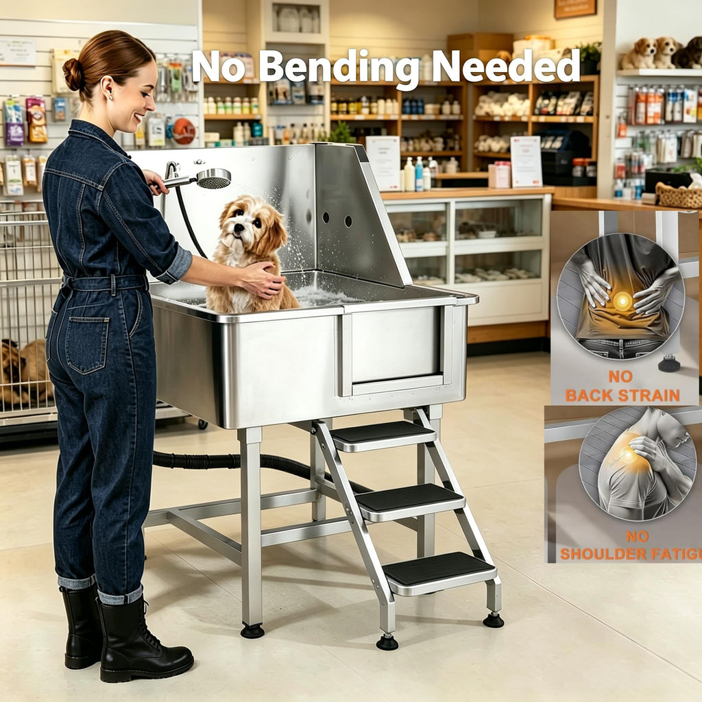 38” Stainless Steel Dog Washing Station with Faucet and Non-Slip Steps S97649