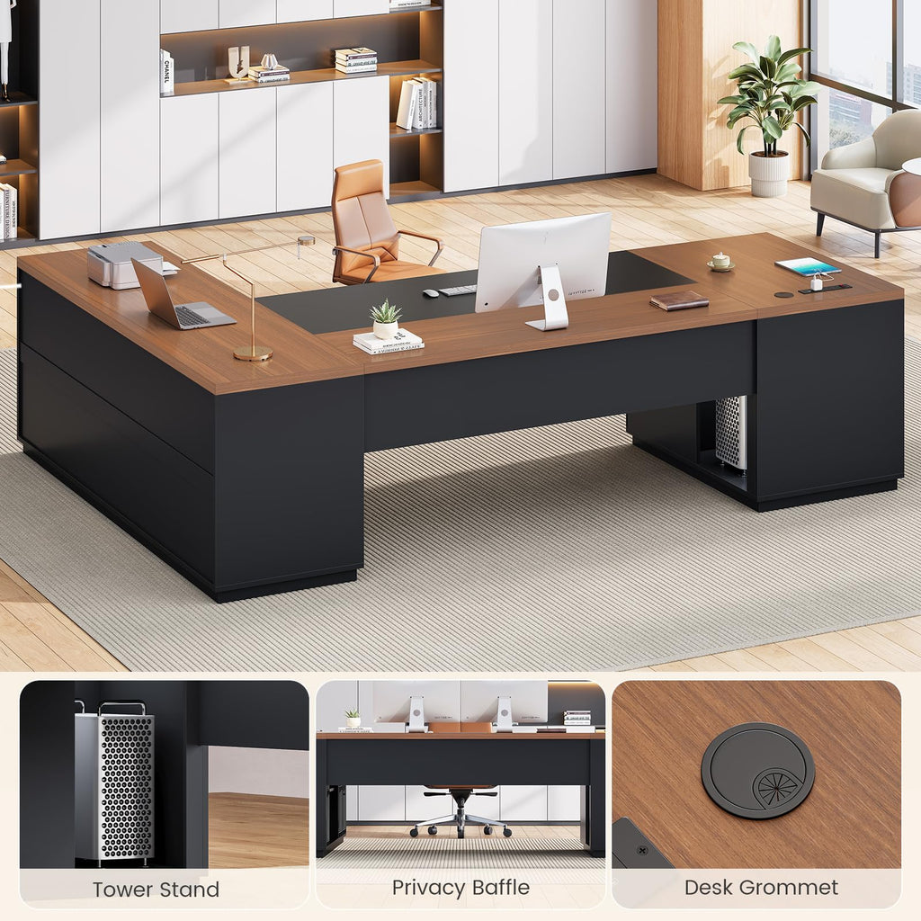 78.7" L Shaped Executive Desk with Charging Station, File Drawers & Storage Cabinet, Black + Brown H1223