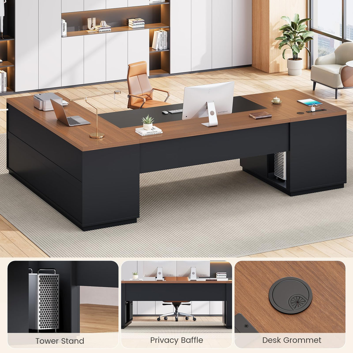 78.7" L Shaped Executive Desk with Charging Station, File Drawers & Storage Cabinet, Black + Brown H1223