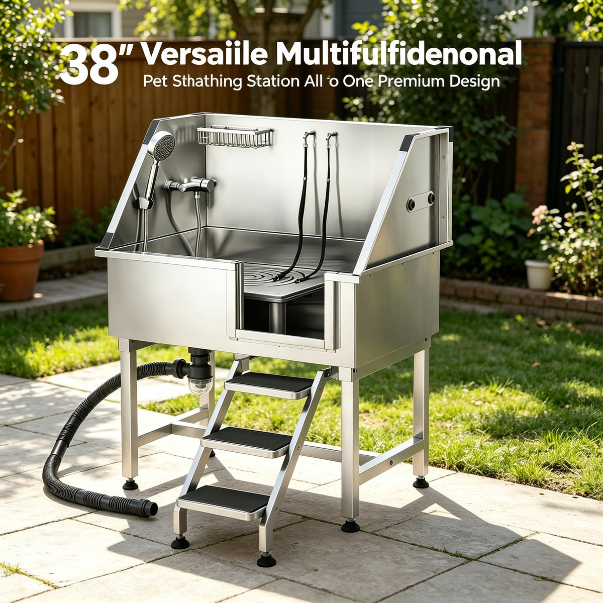 38” Stainless Steel Dog Washing Station with Faucet and Non-Slip Steps S97649