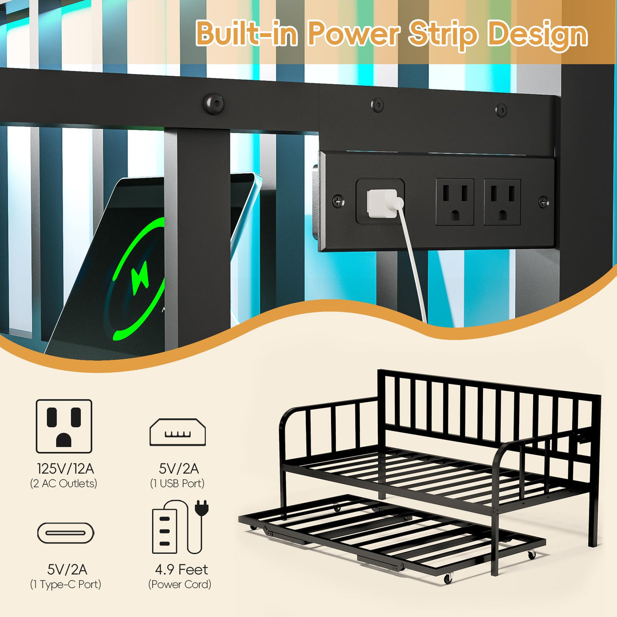 Black Twin to King Metal Daybed with Pop Up Trundle R269931