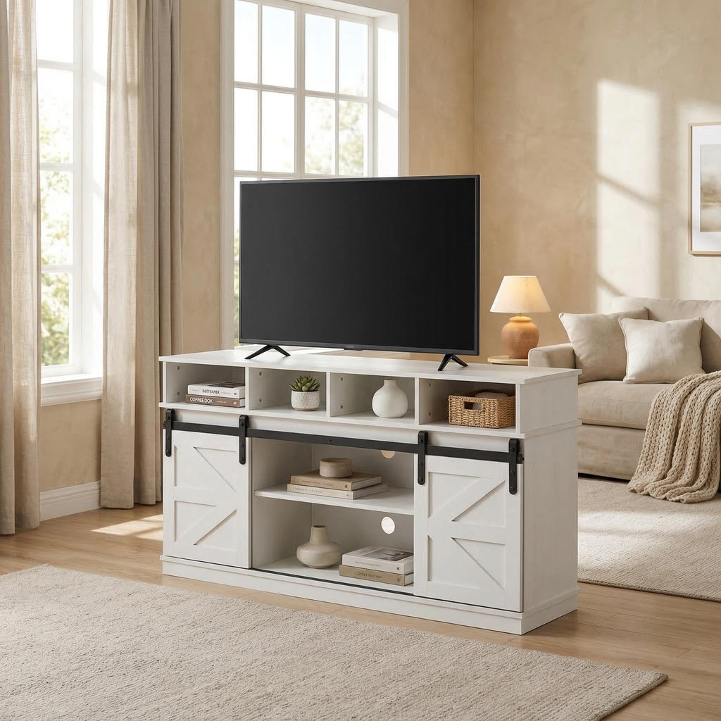 White 58 Inch Farmhouse TV Stand with Sliding Barn Doors O8534