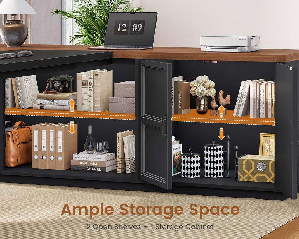 78.7" L Shaped Executive Desk with Charging Station, File Drawers & Storage Cabinet, Black + Brown H1223