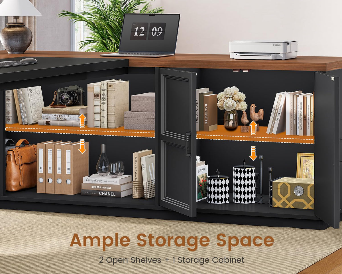 78.7" L Shaped Executive Desk with Charging Station, File Drawers & Storage Cabinet, Black + Brown H1223
