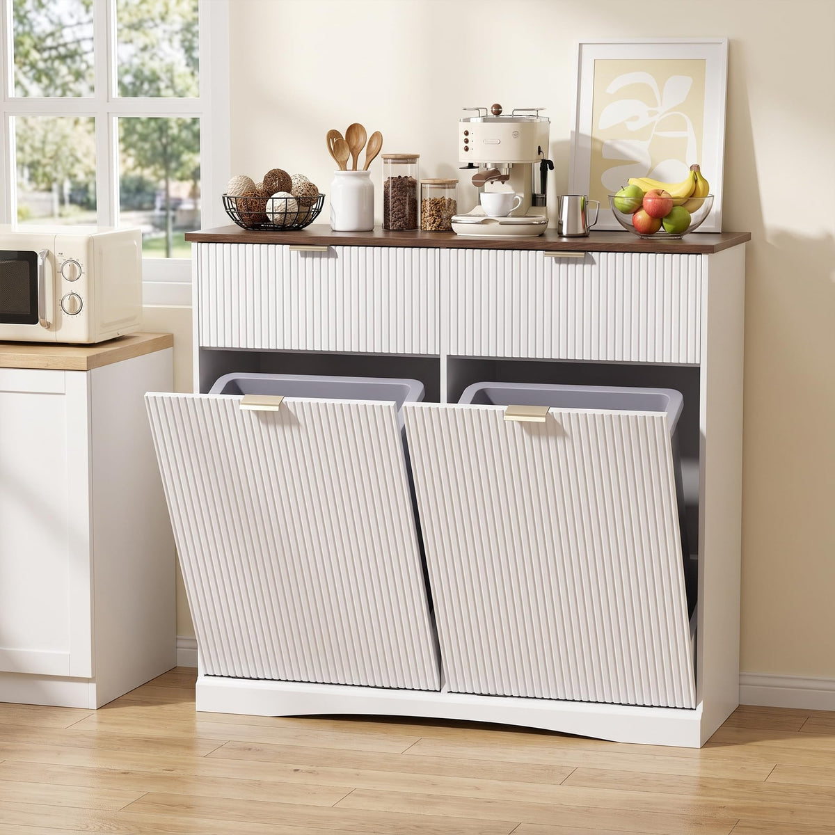 White and Dark Walnut Tilt Out Trash Cabinet Z710