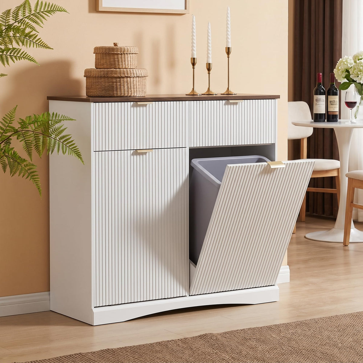 White and Dark Walnut Tilt Out Trash Cabinet Z710