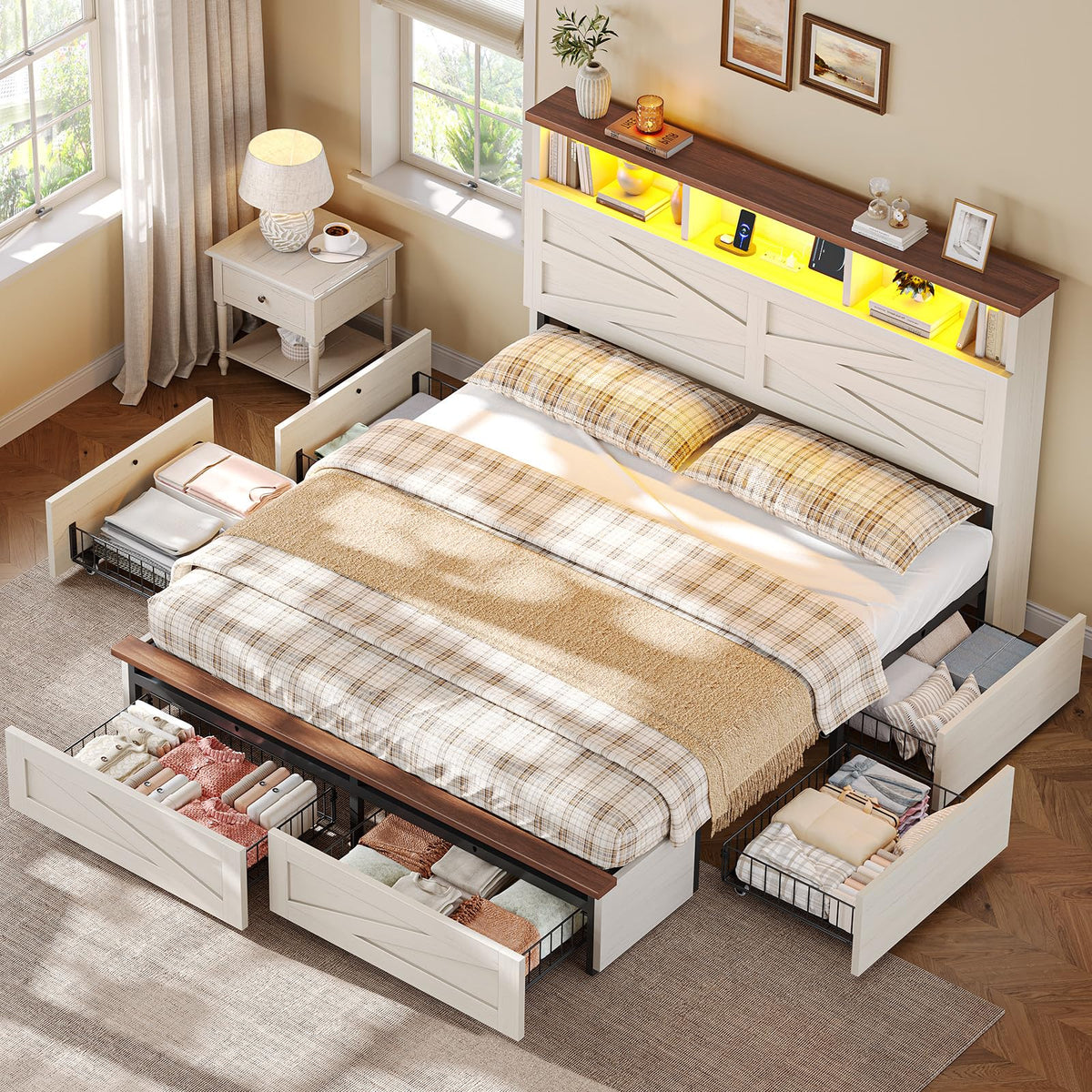 White Full Size Wood Bed Frame with 6 Drawers K615