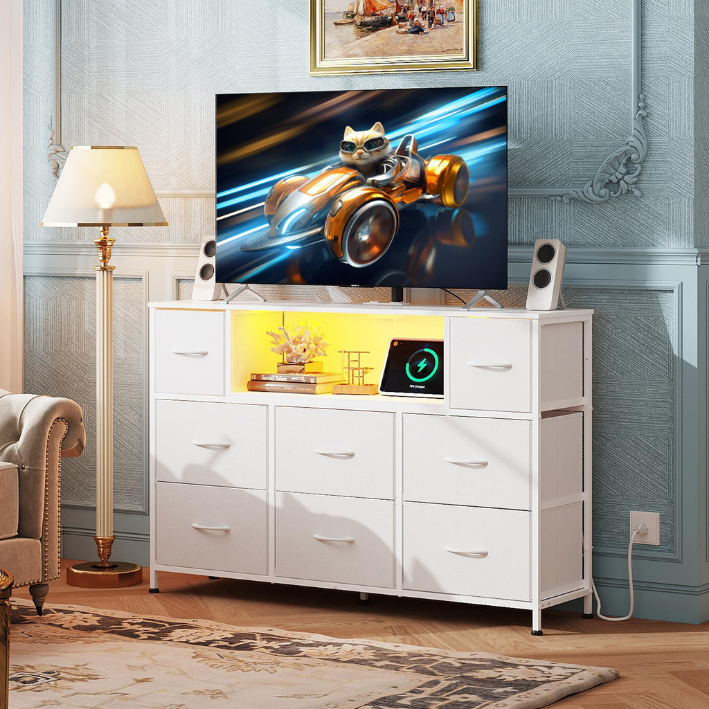 White 2-Piece TV Stand Dresser with 8+9 Fabric Drawers X9643