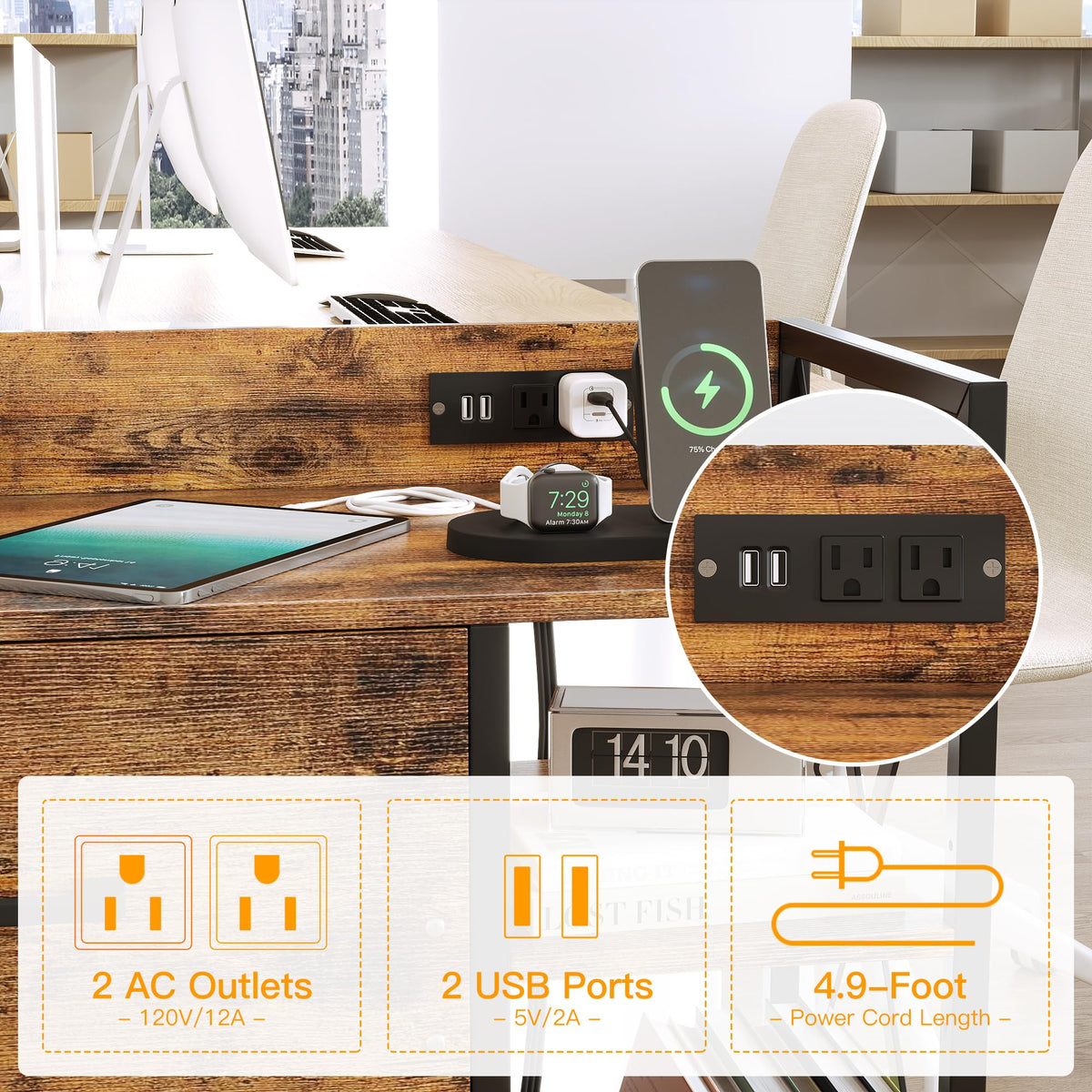 2 Drawer File Cabinet with Lock and Power Outlets V4300