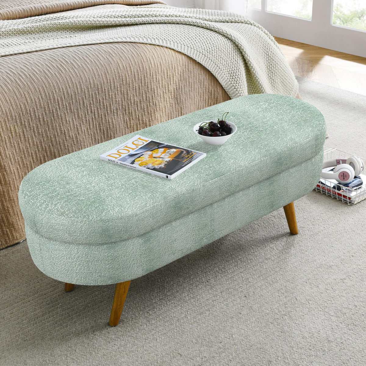 Oval Storage Bench with Rubber Wood Legs G86844