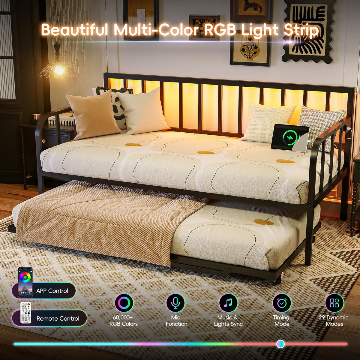 Black Twin to King Metal Daybed with Pop Up Trundle R269931